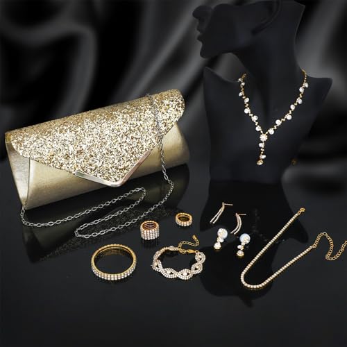 NEWITIN 9 Pieces Purse Rhinestone Jewelry Set for Women Prom Jewels Crystal Clutch Purse Necklaces Rings Bracelets Earrings Gold Jewelry Set for Women Bride4