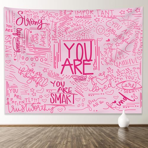 KJHL Quote You Are Wall Tapestry Pink Inspirational Classroom Tapestries Wall Hanging Motivational Positive Affirmations Saying Aesthetic Tapestry for Bedroom Dorm