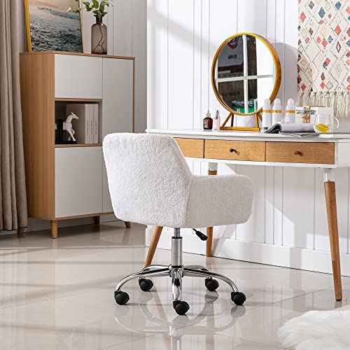 Kcc Faux Fur Vanity Makeup Desk Chair, Comfy Fluffy Swivel Modern Leisure Armchair With Wheels, Upholstered Fuzzy Height Adjustable For Teens Women Girls Elegant Home Office #TOP3