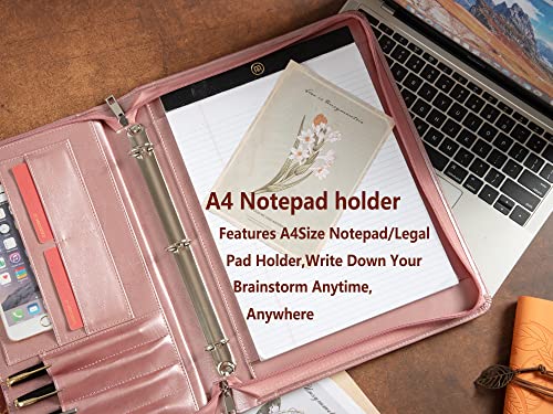 Free Engraved Name, Custom Portfolio Folder For Women, Pu Leather 3 Ring Binder Padfolio, Zipper Binder Organizer Ordner, Business Portfolio With A4 Writing Pad, Corporate Gift, Rosegold, Custom #TOP6