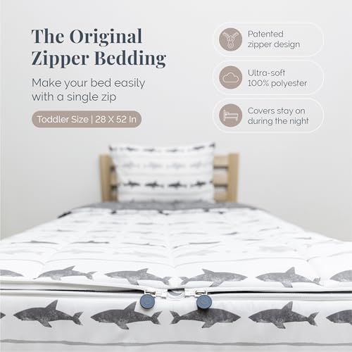 Image of Beddy's Great White Shark Durable Zipper Bedding for Kids - Bed in a Bag - Gray Striped Sheets & Comforter with Grey Sharks - Includes Pillowcase & Sham - Toddler