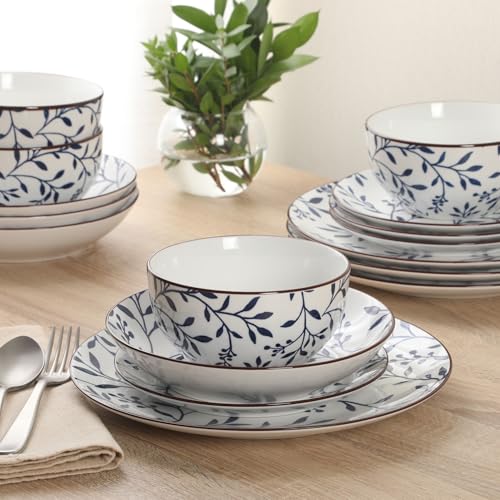 Image of Gibson Home Palace Suite 16-Piece Dinnerware Set, Blue Floral Stoneware Plates & Bowls, Service for 4, Round Durable Everyday Dish Set
