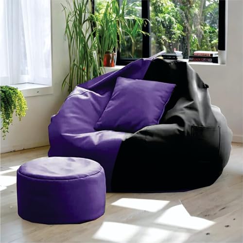 Image of 4XL Tear Drop Bean Bag Chair with Footrest & Pillow | Premium Leatherette Bean Bag Cover (Without Beans) Upto 150 Kg Capacity | Living Room Lounger (Purple::Black, XXXXL)