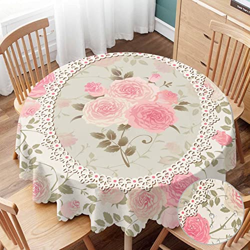 Yibeas Round Tablecloth 60 inch Shabby Chic Rose Pattern Tablecloth Lace Frame with a Bouquet of Roses Table Cloth for Dining Tables, Parties, Wedding and Banquet Decoration