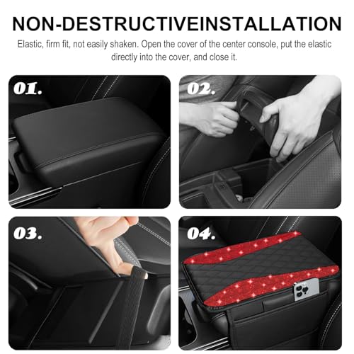 NBTEPEM Bling Car Center Console Cover, Leather Arm Rest Cover for Car with 2 Storage Bags, Universal Car Middle Console Cover Diamond Car Accessories Interior Fit for Most Vehicles, Red Diamond - Thumbnail 6