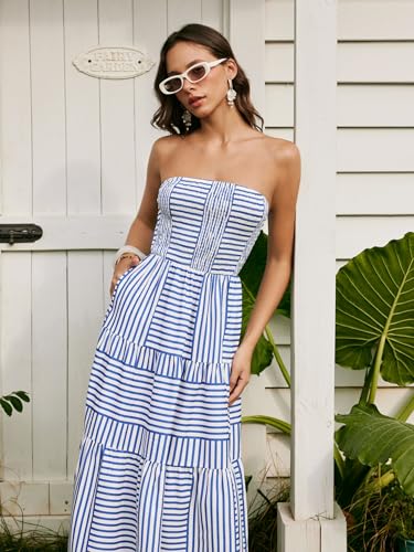 Image of CIDER Women's Strapless Dress with Pockets Tube Striped Long Midi Dresses A Line Beach Vacation Casual Summer Outfits