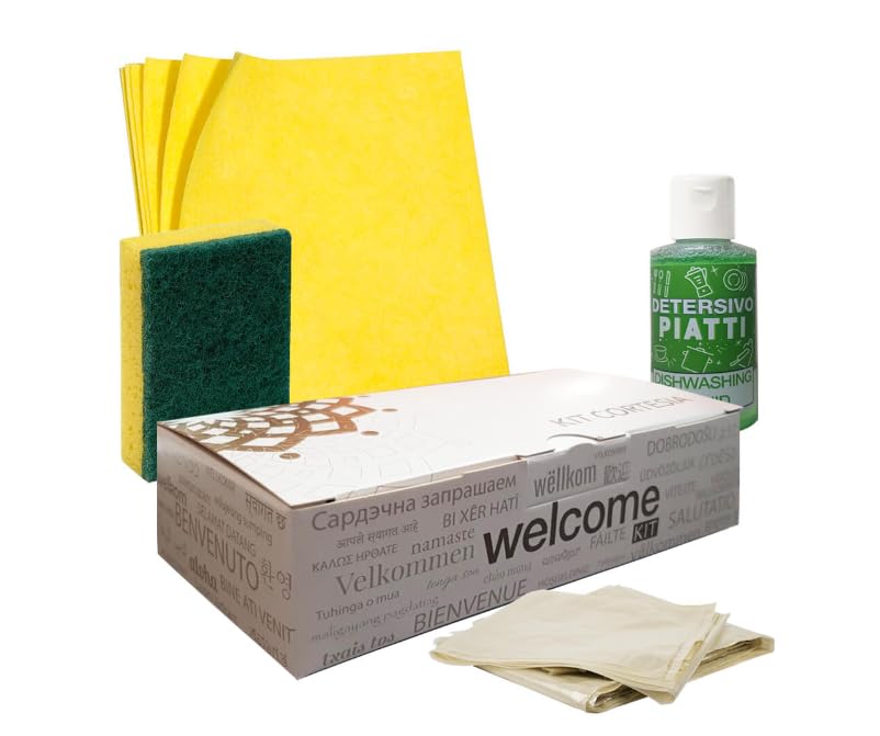 20 Kit di benvenuto KRES006G 5 pezzi Contiene: Detersivo piatti, spugna piatti, panno tuttofare, guanti in nitrile, rotolo carta igienica.