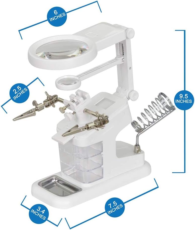 LED Light Helping Hands Magnifier Station - FEITA 3X/4.5X/25X USB Lighted Magnifying Glass Stand with 3 Tool Boxes, Iron Holder and Alligator Clips - for Soldering, Assembly, Hobby and Crafts