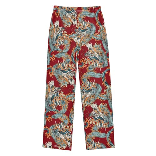 Chinese Dragon Boys Long Pants Soft Trousers Elastic Waist Kids Lounge Bottoms with Pockets S-XL