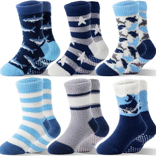 SAVALOS Boys Kids Toddler Fuzzy Grips Socks Non Slip Warm Cozy Fluffy Winter Slipper Crew Cabin Fun Gifts Socks Christmas Stocking Stuffers 6 Pairs(Shark,1-3T)