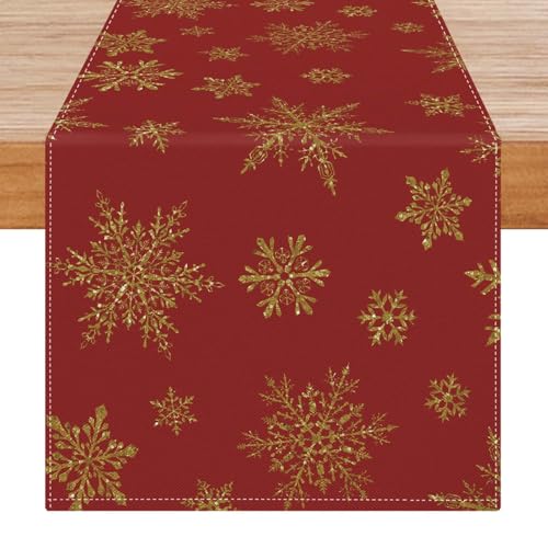 Avalune Tischläufer Weihnachten Rot Gold Schneeflocken Läufer...