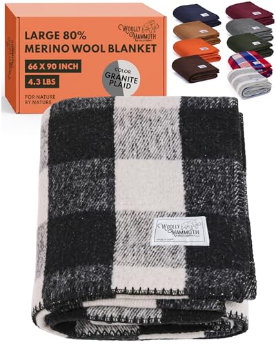 Woolly Mammoth Woolen Company Merino Wool Blanket - 80% Merino Wool - Camping Blankets for Cold Weather - Mositure-wicking for Overlanding, Hunting, Emergency Kits, Bushcraft (66' x 90' Granite Plaid)