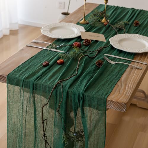 Image of 2Pcs Emerald Green Cheesecloth Table Runner 120 Inches for Party Home Decor