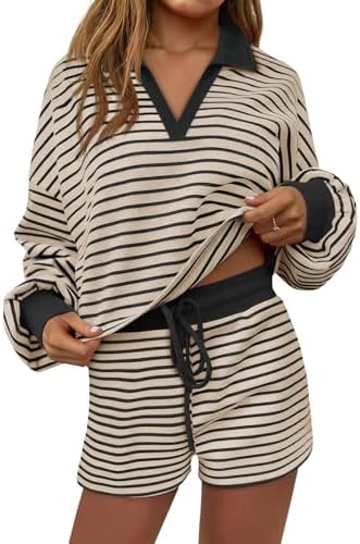 Tankaneo Womens Striped 2 Piece Outfits Casual Sweatshirt short Set Long Sleeve Workout Set Matching Lounge Sets