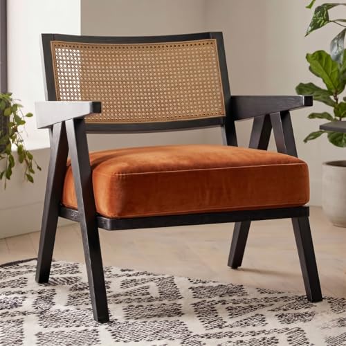 Image of Kingsman Furnitures ABEL Rattan Teak Wood Accent Arm Chair for Home Bedroom, Living, Drawing Room | Ultra Soft Comfortable for Stress Free | Removable Cushion (Black Natural Cane Burnt Orange Velvet)