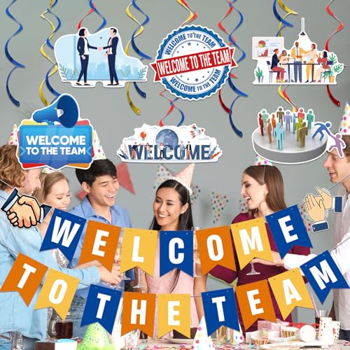 Image of Welcome To The Team Banner and Hanging Swirls, Welcome Banner, Welcome Decorations for New Employee Coworker Teacher Colleague Staff Team Member Office Party