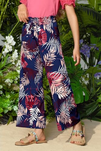 Image of Girls Summer Floral Wide Leg Pants High Waisted Flowy Dress Trousers with Pockets for School Lounge Beach 5-14 Years