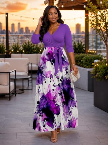 Image of SUZONANA Plus Size Dresses for Women Print Maxi Dresses Flowy 3 /4 Sleeve with Belt