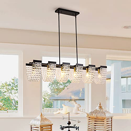 Ganeed Suspension Lustre en Cristal Salle à Manger Lustre Linéaire pour Îlot de Cuisine Décor Moderne Plafonnier en Fer Forgé Lustre Luxueux E27 Noir 6...