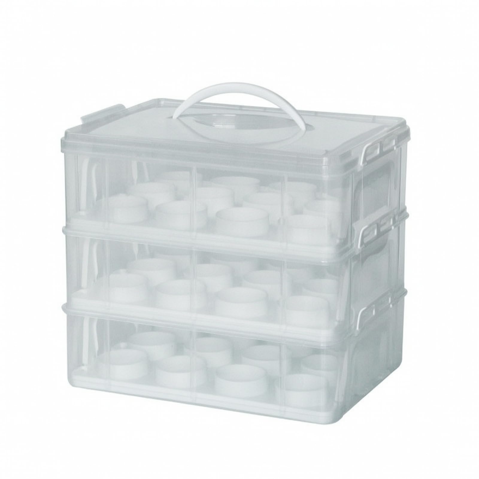 Caja Plástico Transparente para con Asa Portátil Organizador Repostería con Cierres Laterales Apilable Estuche Embalaje Postre, 3 Niveles