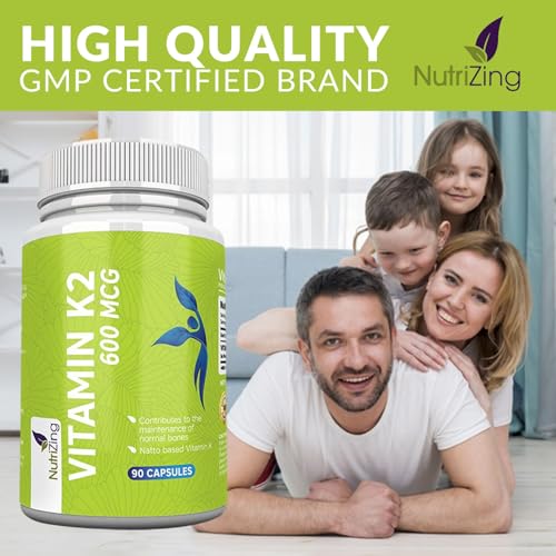 nutrizing k2 vitamin supplement mk-7 - high strength 600mcg - supports bone amp arterial health - 90 vegan capsules - vitamin k2 for men amp women - 3 month supply