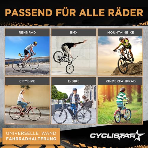 CYCLISTAR Fahrrad Wandhalterung bis 40kg − Robuste Fahrradhalterung Wand für MTB, Rennrad, E-Bike − Fahrradhalter Wand Pedalaufhängung +2X Stützwinkel