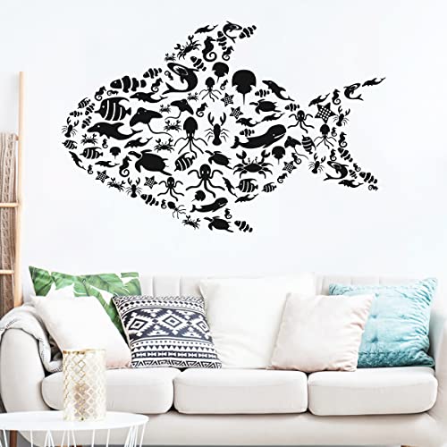 Mefoss Creative Fish Wall Decals Ocean Animals Silhouette Wall Sticker 42" × 28" Peel And Stick Under The Sea Wall Decal Art Murals For Kids Room Nursery Playroom Bathroom Wall Decor Giant Wall Stickers #TOP4
