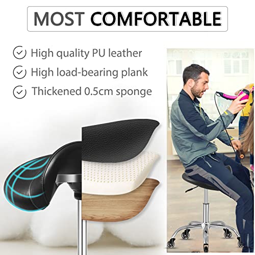 Saddle Stool With Wheels 300 Lbs Weight Capacity, Heavy Duty Rolling Stool For Medical Massage Salon Kitchen Spa Drafting Nail-Tech,Height Adjustable,360 Swivel,Wide Thick Seat Padding (Premium Black) #TOP1