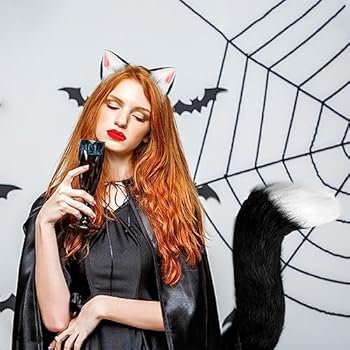 FakeFace Halloween cosplay kostuum kattenoren en staart set, kunstbont, dier, kat, vos, lange staart oren, kit Halloween, dierthemafeest, kostuum, schattige haarclips, feestrekwisieten (roze