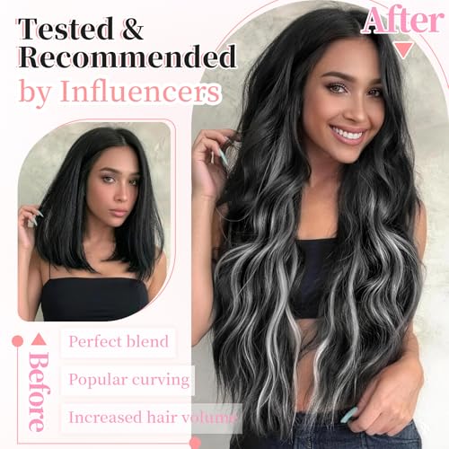 Image of KooKaStyle Wavy Thick Clip in Hair Extensions 24 inch Black and White Mix | 4 Pieces Clip in Extensions,Fiber Double Weft Hairpieces,Natural Volume,Highlight Wave Long Synthetic Hairpieces for Women