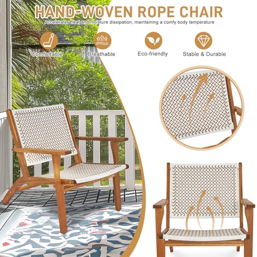 Outvita Natural Stain Outdoor Chair, Mid Century Modern Accent Armchair, Reading Lounge Chair With Ecru Handwoven Rope And Solid Acacia Wood Frame For Bedroom Patio Balcony Indoor thumb #5
