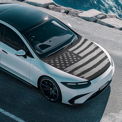 Image of 59x39 Inch Gray American Flag Car Hood Cover Protector Waterproof Car Hood Wrap Blankets Patriotism Auto Flag Universal Automotive Exterior Accessories for Summer