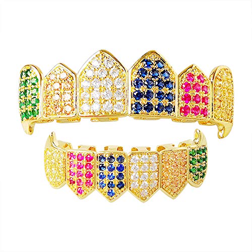 HH Bling Empire Iced Out Diamond Teeth Grillz for Men Women Hip Hop Silver Gold Grills for your teeth Top and Bottom,Rapper Costume Teeth Jewelry and Accessories (Rainbow), CZ diamond, Cubic Zirconia