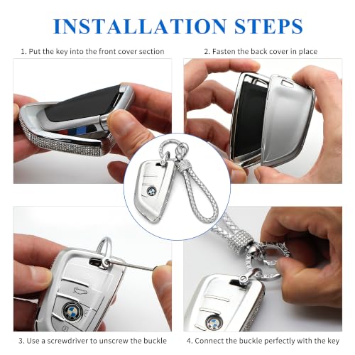 Image of Creativity For BMW X5 Key cover and Key chain accessories (Grey set) | TPU key box with Rhinestones is compatible with F30 F45 F55 G20 G30 X1 X3 X4 X5 X6 X7 3 5 6 7 M5 M6 GT series smart key