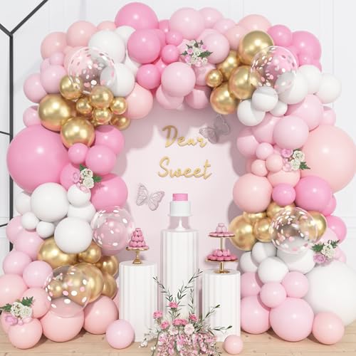 Image of Ouddy Life 157 Pcs Pink and White Balloons Arch Kit, Pink Gold Birthday Decorations for Women Girls, Pastel Pink Chrome Gold Latex Balloon Wedding Party Gender Reveal Anniversary Mothers Day