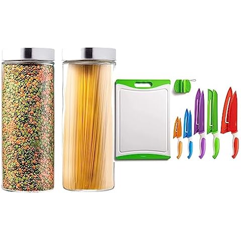 EatNeat 2 Piece Glass Food Storage Canisters with Stainless Steel Lids & 12 Piece Knife and Cutting Board Set with Protective Sheaths & Sharpener - Glass Containers for Kitchen & Pantry Organization Cover