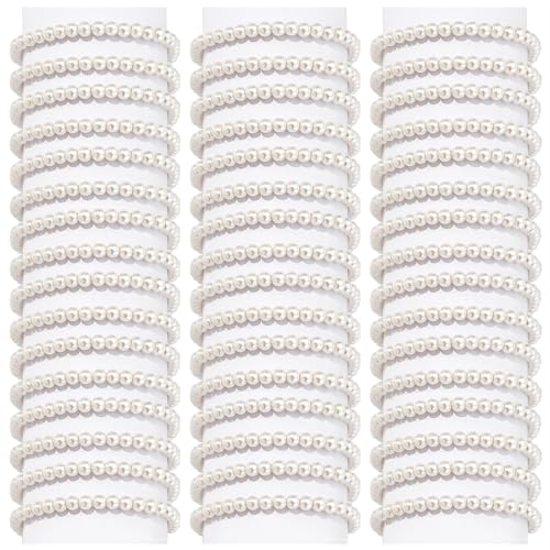 50Pcs Pearl Bracelets for Women 6mm Faux Pearl Beaded Bracelets Set Stretch Stackable White Simulated Pearl Jewelry for Women Wedding Bridesmaid Gifts