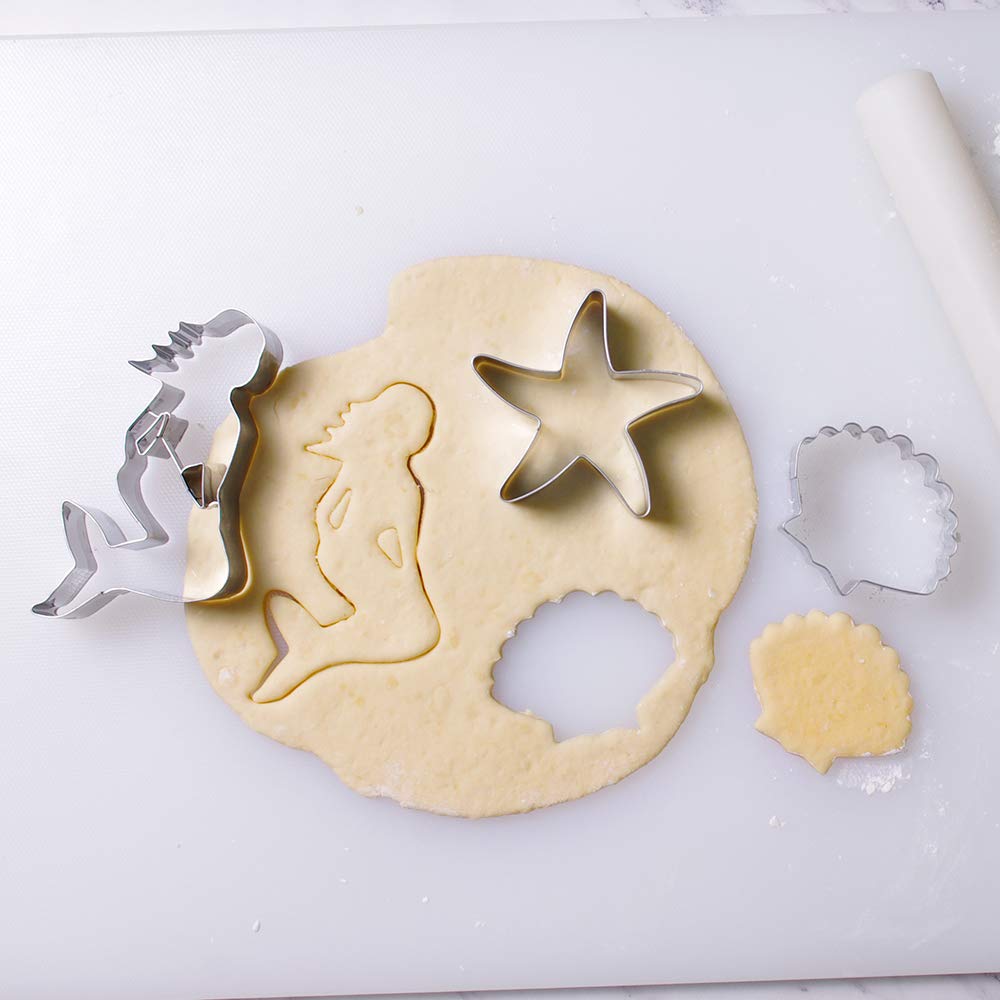 Juego de 3 cortadores de galletas de sirena, estrella de mar y concha, acero inoxidable