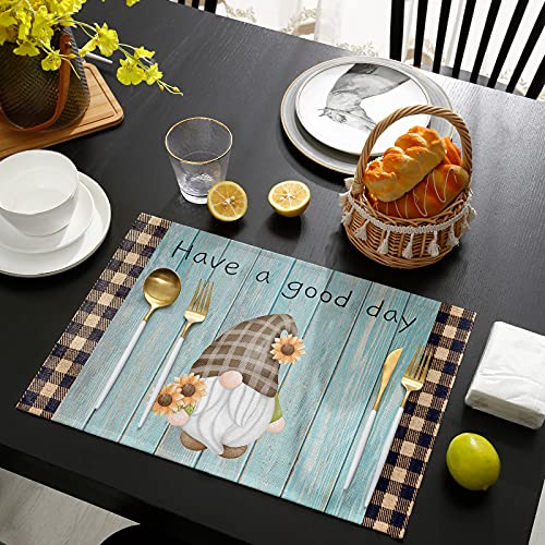 Anoreya 4 Pieces Cartoon Gnome Placemat 13X19 Inch, Rectangle Cotton Linen Heat-Proof Table Mats, Perfect For Parties Holiday Everyday Use, Sunflower Brown Plaid Blue Wood Grain #TOP3
