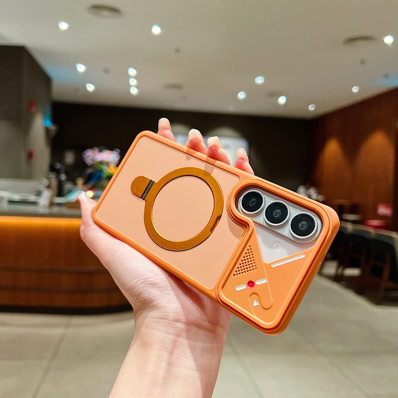 Image of LuxuryKase Magnetic Shockproof Case for Samsung Galaxy S26 Plus | Foldable 110 Metal Ring Kickstand | Matte Finish | Futuristic Camera Shield Design | Slim Profile & MagSafe Compatible - Orange