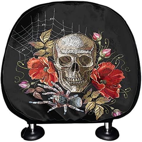 Car Headrest Covers For Women Embroidery Human Skull Spider Dark Art Car Seat Headrest Cover Set Of 2 Universal Fit For Cars Vans Trucks Headrest Cushion Fashion Auto Interior Accessories Cover