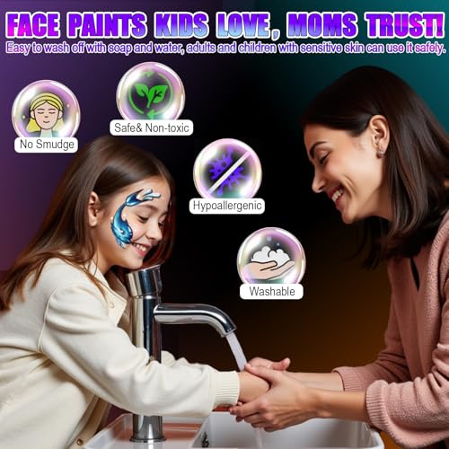 Image of Fenmay Face Painting Kit for Kids, Non-Toxic and Hypoallergenic Face Paint Makeup Kit| with Stencils, Book, Easy to Use and Safe for Kids, Fun for Halloween, Birthday Party, School Event