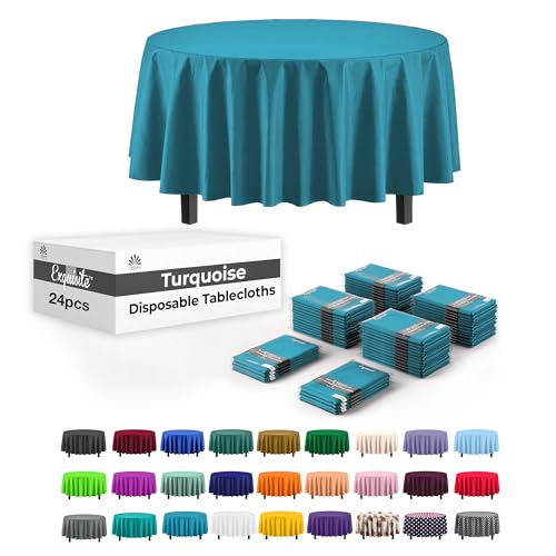 Image of Party Solids Turquoise Round Plastic Tablecloth - 84 Inch, Pack of 24