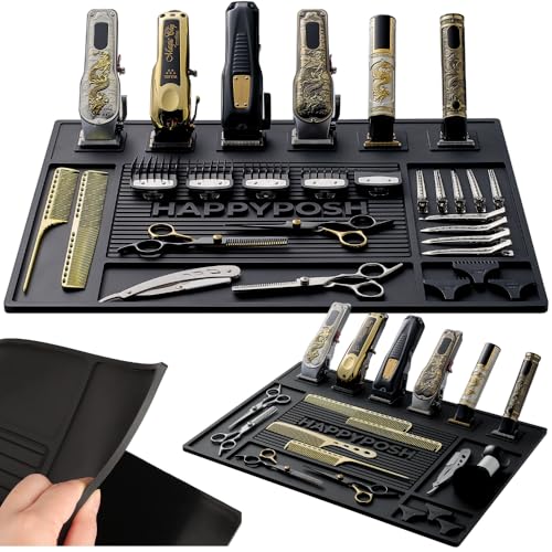 HAPPYPOSH Magnetic Barber Mat for Clippers 20 x 14 Large Barber Station Organizer with 6 Strong Magnets Non-Slip Heavy-Duty Rubber Mat Keeps Tools Secure & Organized.Black