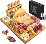 Xergur Bamboo Cheese Board Set - Charcuterie Boards and Serving Meat Platter, Cheese Tray with 4 Stainless Steel Cheese Knives Cutting Board Platter, Ideal for Halloween, Wedding, Christmas Gifts