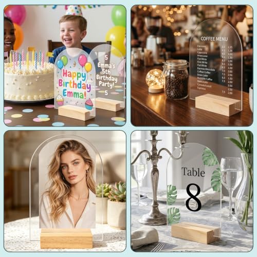 Image of Bercoor 20 Pack 5x7 Inch Blank Clear Arch Acrylic Sign with Wooden Stands, Arched Round Top Acrylic Sheet, DIY Acrylic Arch Table Numbers for DIY Name Card Gifts Event Party Sign Decoration