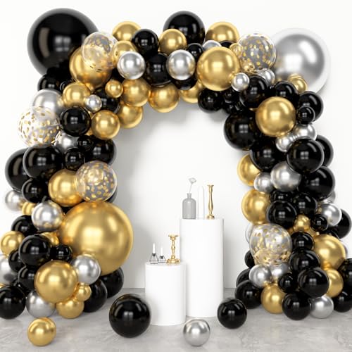 Amandir 153pcs Black and Gold Balloons Arch Garland Kit Different Sizes 18 12 10 5inch Silver Latex Metallic Confetti Graduation Balloons Class of 2026 Decorations Birthday Graduation Party Supplies