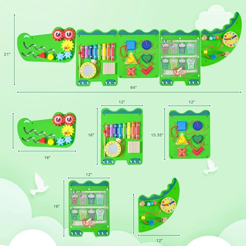 Image of Crocodile Sensory Toys Activity Wall Panels, Educational Montessori Busy Board for Toddlers, Activity Cube - Sensory Wall, Wooden Learning Toys, Interactive Toy-Green