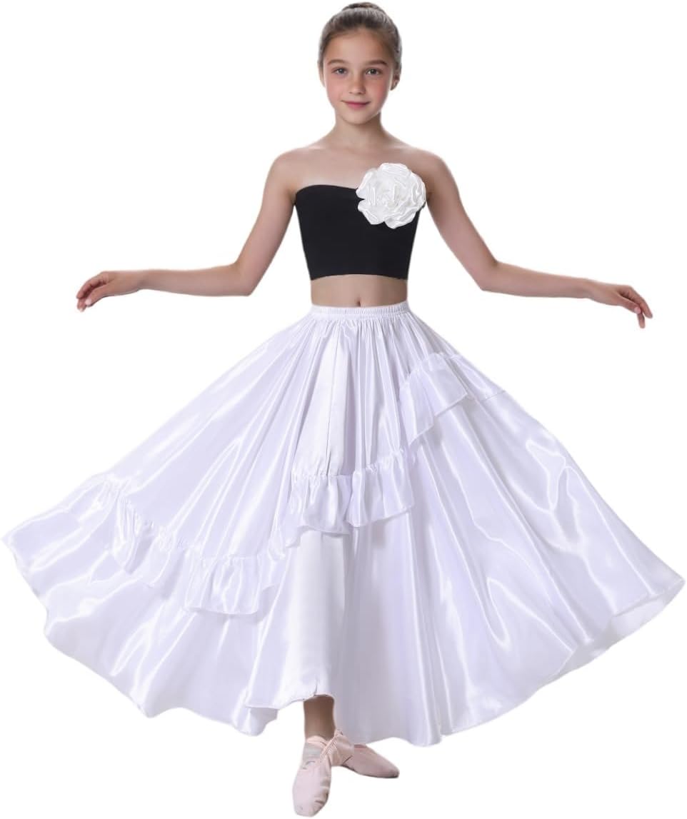 SANCAN Girls Ruffle Style Dance Skirt | Long Ankle Length for 8-12 Years Big Girls , Circle Maxi, Dance Class Practice, Dance Performance
