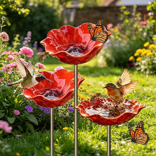 Handmade Metal Flower Garden Stake Small Bird Bath Bowl Outdoor Pollinator Watering Station for Garden Yard Hummingbird Fountain Butterfly Bee Water Feeder Decorative Yard Art Ornament Gift (3 PCS)